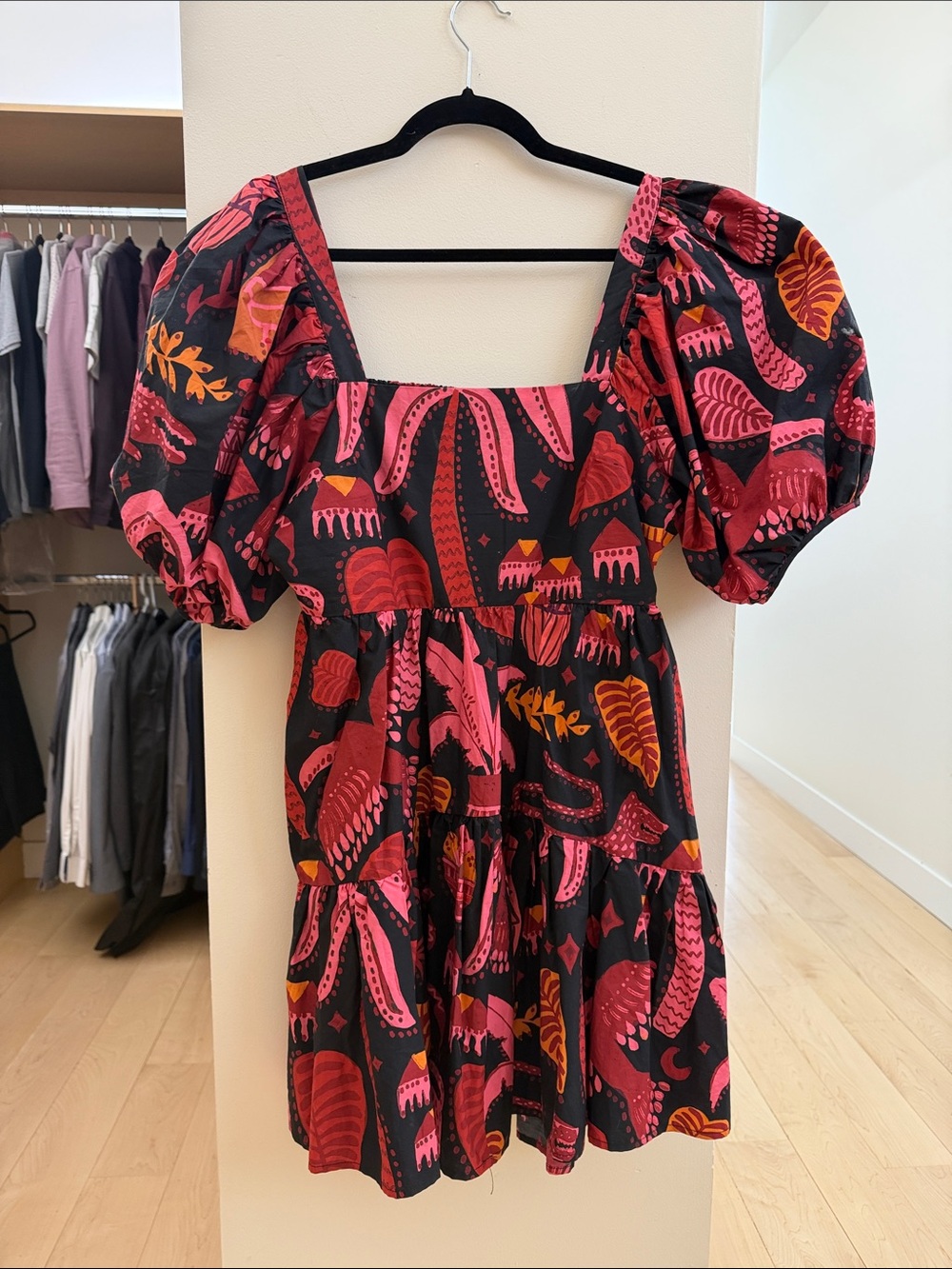 Farm Rio Puff-Sleeve Dress in Black with Pink & Red Botanical Print